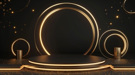 Podium and gold line circle frame elements with glitter light effects decorations. Luxury background. - 753600055