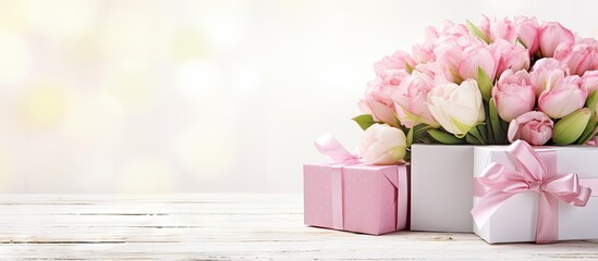 Elegant Pink Tulips and White Gift Boxes Adorning on White Background