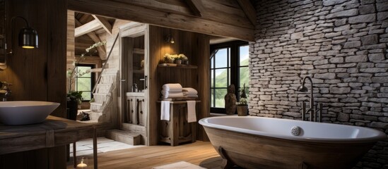 Farmhouse Interior Design with Wooden Bathroom and Elegant Decor