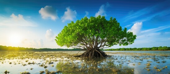 Majestic Tree Standing Tall in the Center of a Serene Lake Surrounded by Nature's Beauty
