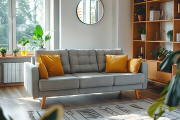 Modern Living Room Interior with Stylish Grey Sofa, Vibrant Yellow Accents, and Elegant Decor in a Bright, Spacious Apartment