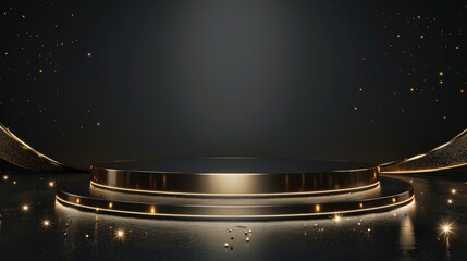 Product display podium with golden curve line decoration and glitter light effect elements and star. Black luxury background.
