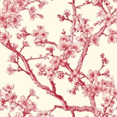 Obraz na płótnie Canvas Red illustration of japanese cherry blossom on white background as toile de jouy seamless repeating tile pattern