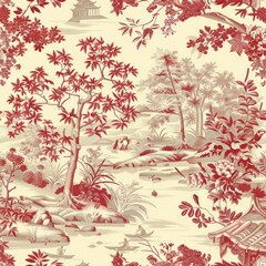 Red on beige asian art with plants and nature motifs as toile de jouy seamless repeating tile pattern