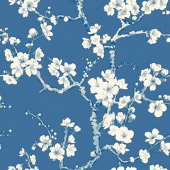 White cherry blossom flowers with twigs on blue background as toile de jouy seamless repeating tile pattern illustration