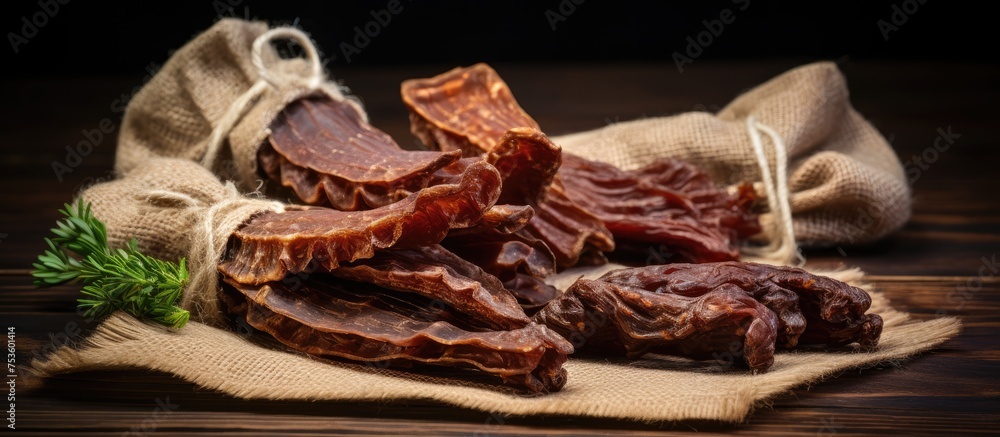 Sticker Assorted Raw Beef Cuts Displayed on Rustic Wooden Table in Butcher Shop