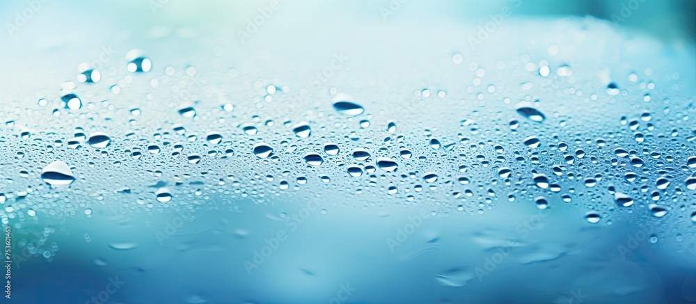 Poster mesmerizing water drops creating intricate patterns on window glass with soft focus bokeh background