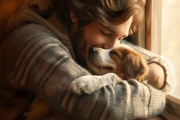 smiling man petting his dog with his arms around his neck and hugs