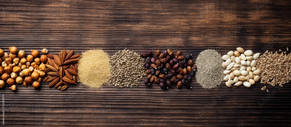 Poster assorted mix of various nuts and seeds arranged on a rustic wooden surface