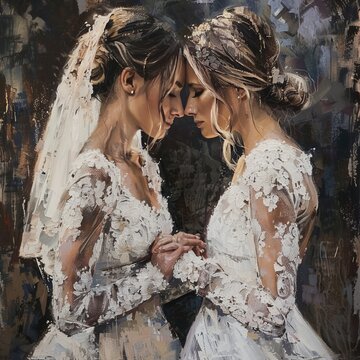 A textured oil painting showcasing the intimate moment of a bride couple on their wedding day.