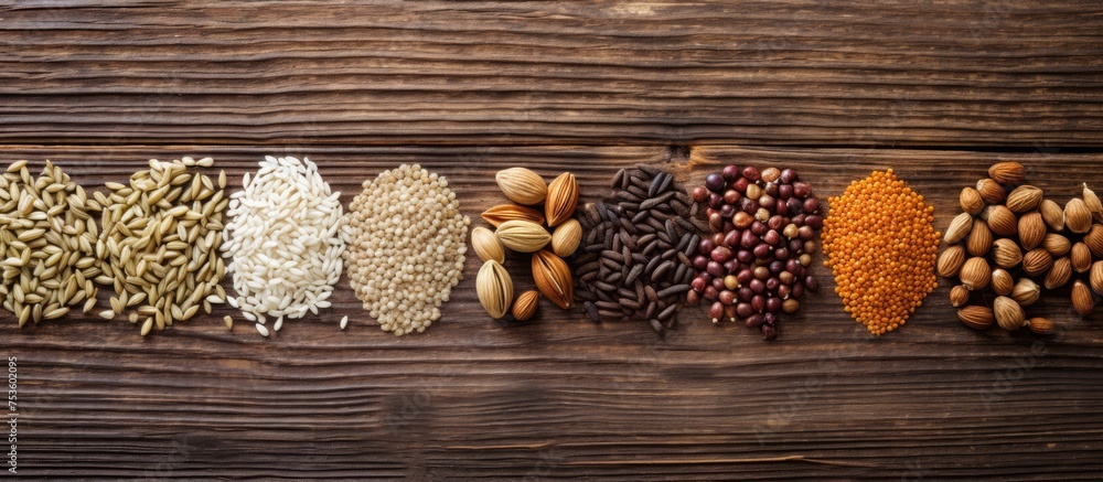 Poster assorted nuts and seeds arranged on a rustic wooden table for a healthy snacking concept