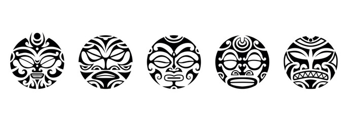 Set of round Maori tattoo ornament with sun symbols face. African, maya, aztec, ethnic, tribal style. Black and white.