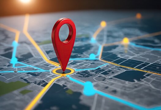 Close-up of digital city map with destination red pin marked goal. Concept of guide to route and online navigation. Ai generation