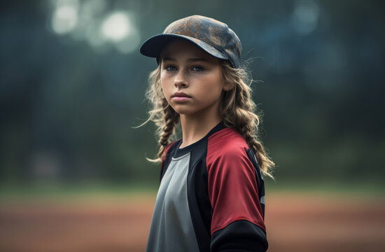 Youthful spirit with a portrait of a young girl sporting a vibrant red baseball cap, captured against the backdrop of an outdoor field, exuding energy and vitality