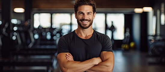 Portrait of a happy man smiling during a workout session at the gym