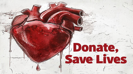 A poster with the text "Donate Blood, Save Lives" and a drawing of a heart with a drop of blood, isolated on transparent background, png file