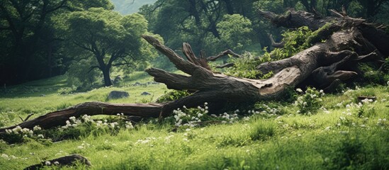 Majestic Oak Tree Trunk Surrounded by Lush Greenery in a Serene Forest Setting
