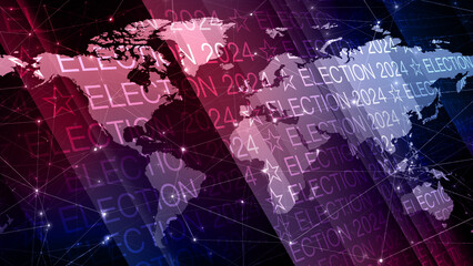 Voting in 2024 election creative backdrop displaying election text, world map, and candidate letters