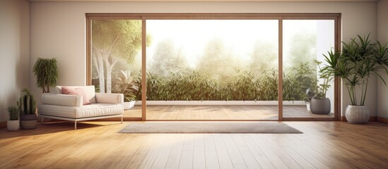 Fototapeta premium Cozy Home Interior with Comforting Couch and Natural Light Streaming Through Large Window
