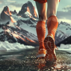 A focused shot highlights a runner's vibrant orange shoes amid glittering terrain with mountains backdrop. Ultra trail runner. Hiking.