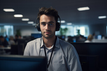 Obraz premium a male telephone teleoperator receiving a call in a call center office