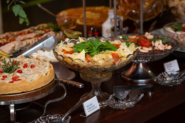 mediterranean farfalle salad, sun-dried tomato and arugula salad, rice with almonds, hazelnuts
