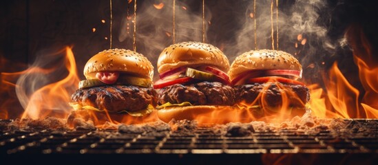 Sizzling Hamburgers Cooked to Perfection on a Fiery Grill with Flame