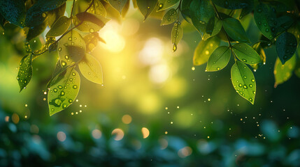 Nature green sunlight background with fresh green leaves