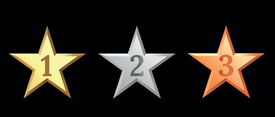 Golden, bronze, silver glossy metallic stars 3d realistic style. Leadership, game award, customer feedback symbol vector illustration isolated on black background