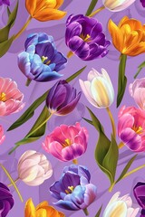 A seamless pattern filled with bold tulips in purple, yellow, pink, and white, set against a purple background. Hello spring. 