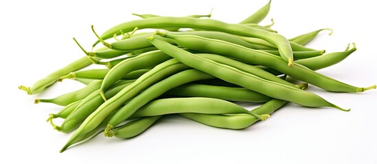 Fresh Harvest of Vibrant Green Beans Piled on a Clean White Background
