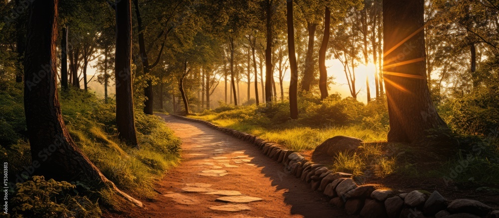 Poster serene path leading through enchanted forest with sunlight filtering through trees