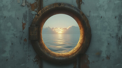 A vintage keyhole, revealing a surreal and dreamlike world beyond, against a background of pure...