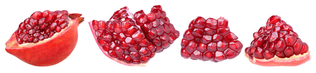Pomegranate halves and pieces isolated, transparent PNG, PNG format, cut out, collection, set