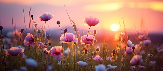 Tranquil Evening Serenity: Enchanting Field of Blossoms under a Beautiful Sunset Sky