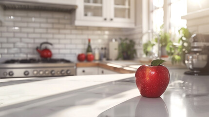 An airy kitchen with stainless steel appliances and spotless white countertops. The focal point is a solitary red apple on a pristine cutting board, creating a pop of color in the otherwise neutral sp - obrazy, fototapety, plakaty