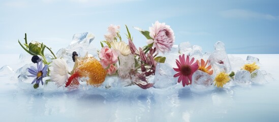 Botanical Beauty Captured: Vibrant Floral Bouquet Encased in Glacial Ice