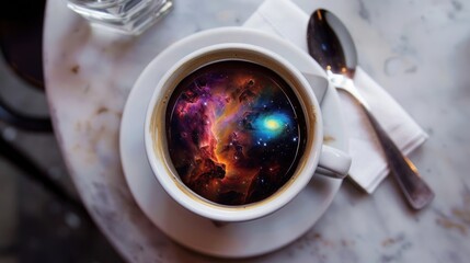 Creative depiction of a swirling galaxy in a coffee cup placed on a splattered backdrop