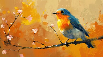  Vibrant Avian Beauty: Blue Orange Bird Perched on Spring Branch, Captured in Acrylic Painting with Generative AI