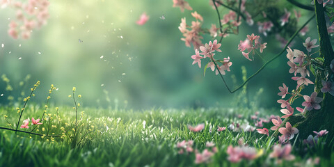 Obraz na płótnie Canvas spring background with grass and flowers