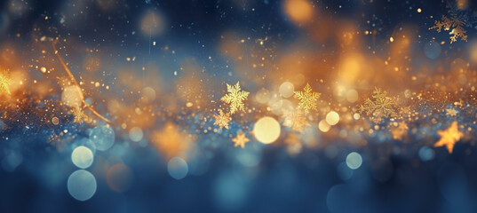 Cozy Christmas golden snowflakes on the snow background with yellow and blue bokeh hues. Festive, uplifting wallpaper backdrop - obrazy, fototapety, plakaty
