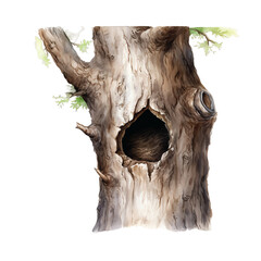 Tree trunk with a hole. Watercolor illustration generative ai