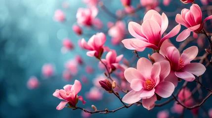 Outdoor kussens Beautiful pink magnolia flowers on blue bokeh background. © Виктория Дутко