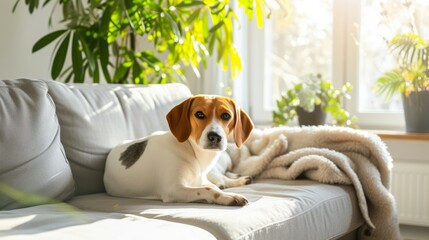 Cute dog lies on a comfortable sofa in a modern bright living room
