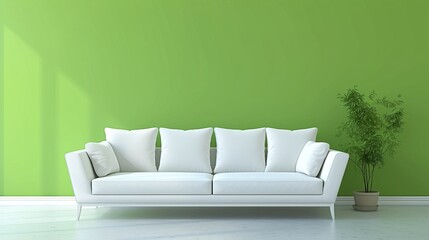 Modern stylish minimalist living room interior with a large cozy light sofa and empty green walls for your mock up with copyspace
