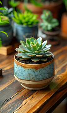 Succulent plant in ceramic pot on wooden table, stock photo