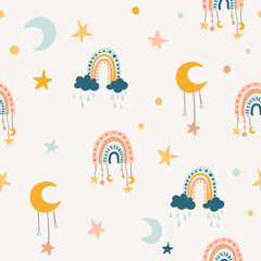 Cute cartoon Bohemian nursery pattern. Vector boho repeating background for kids nursery room, poster print, textile, decor, stationery.  Seamless pattern with cartoon rainbow, moon, clouds, whale