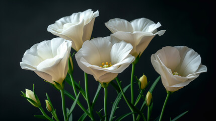 A bouquet of white freesia flowers on a dark background