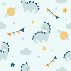 Naklejka premium Cute cartoon Bohemian nursery pattern. Vector boho repeating background for kids nursery room, poster print, textile, decor, stationery. Seamless pattern with cartoon rainbow, moon, clouds, whale