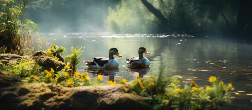 Tranquil Scene of Two Ducks Gracefully Swimming in a Peaceful Pond at Dawn